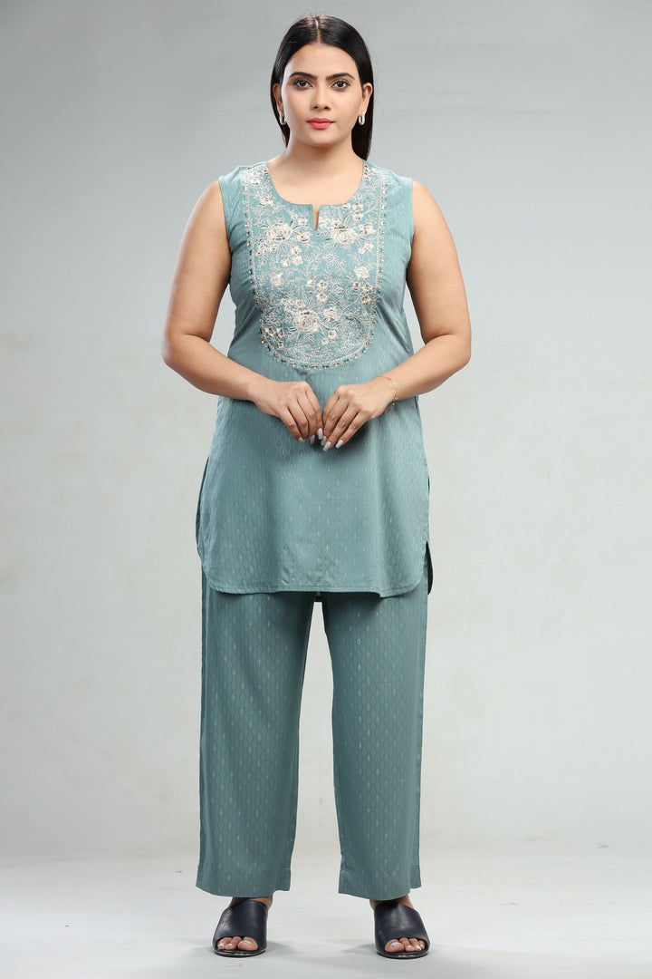 Turquoise Rayon Straight Kurta Pant Co ord Set