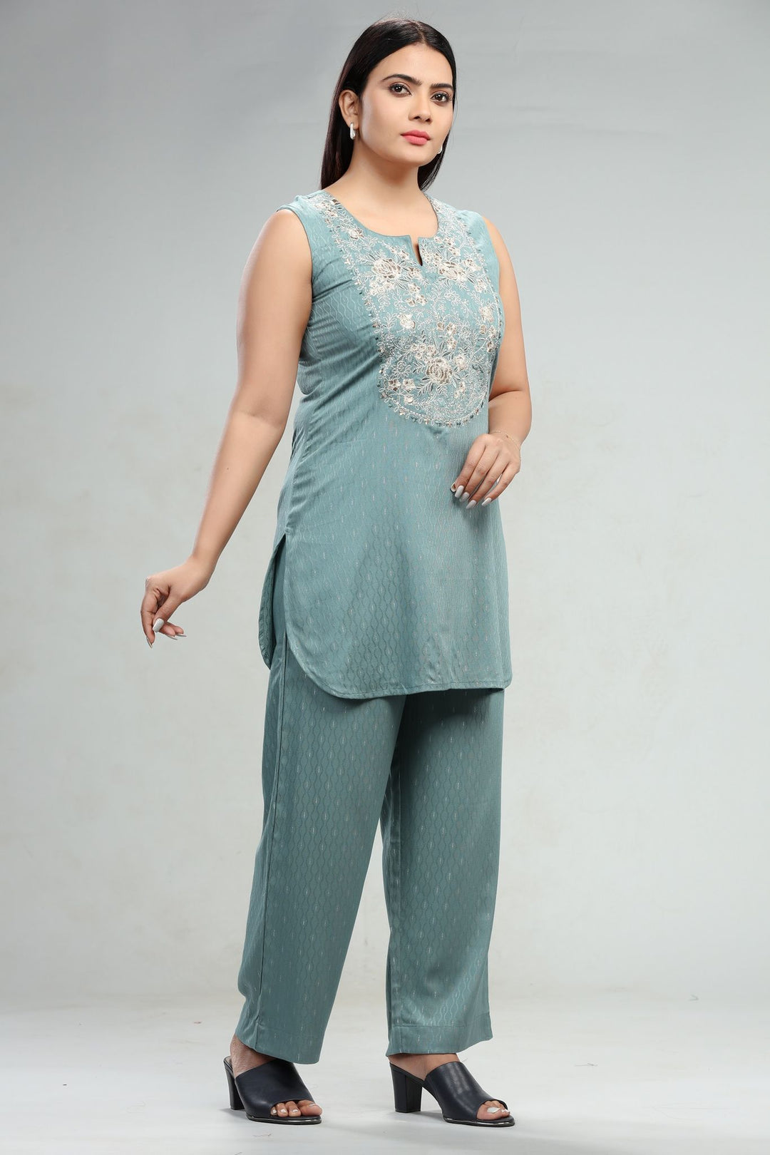 Turquoise Rayon Straight Kurta Pant Co ord Set