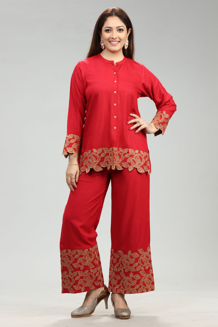 Red Zari Embroidered Co ord Sets