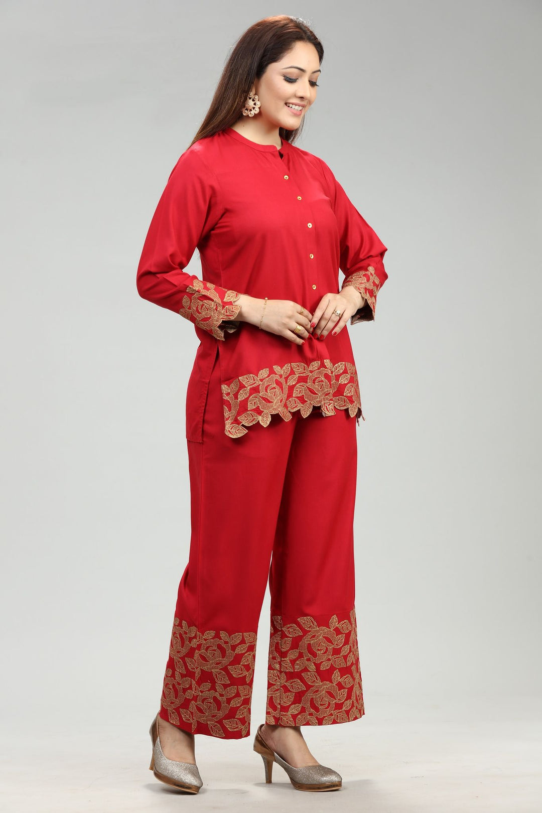 Red Zari Embroidered Co ord Sets