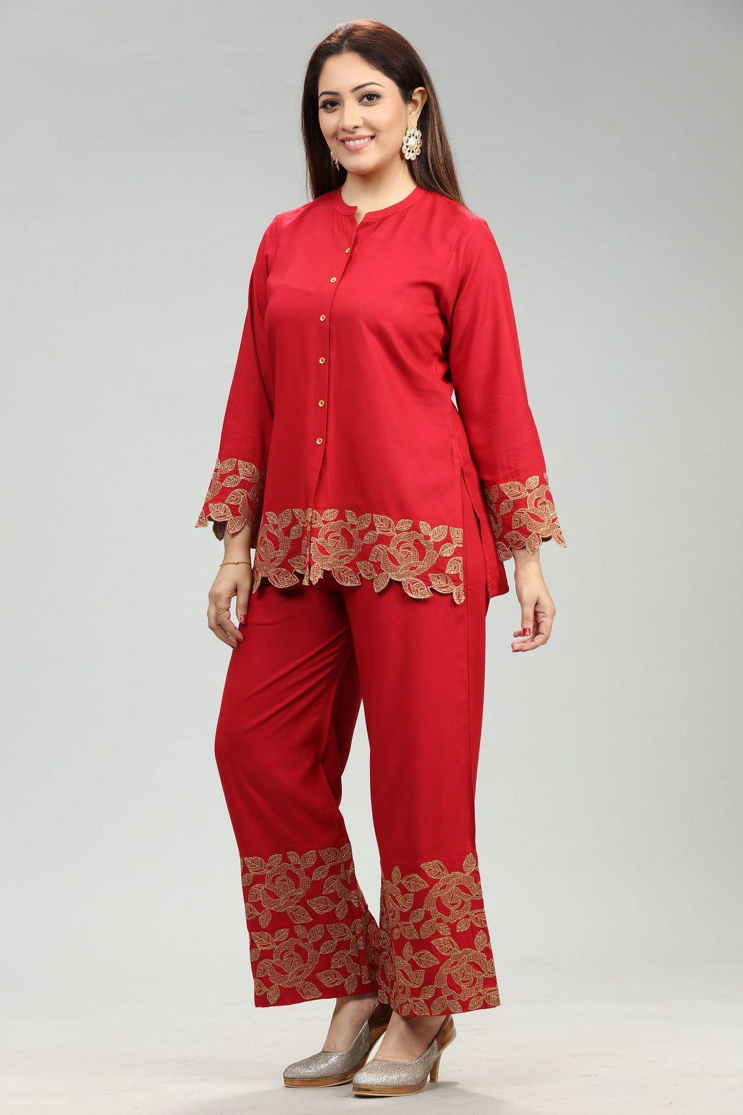 Red Zari Embroidered Co ord Sets