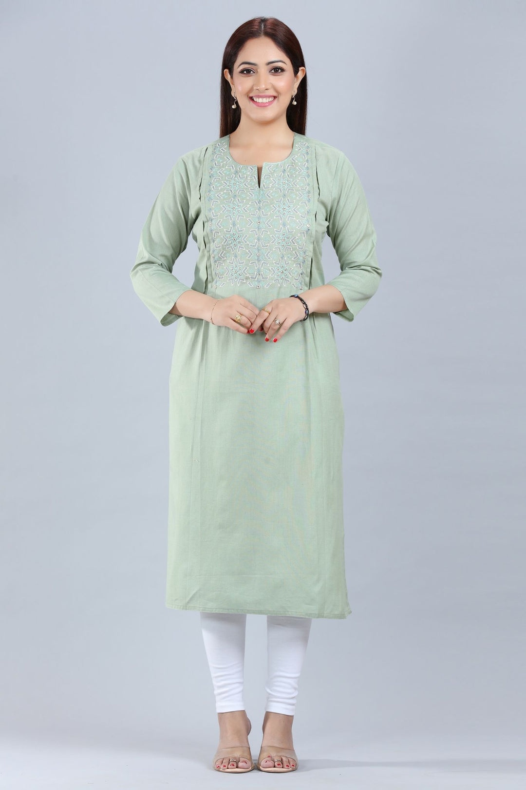 Green Cotton Straight Embroidered Kurta