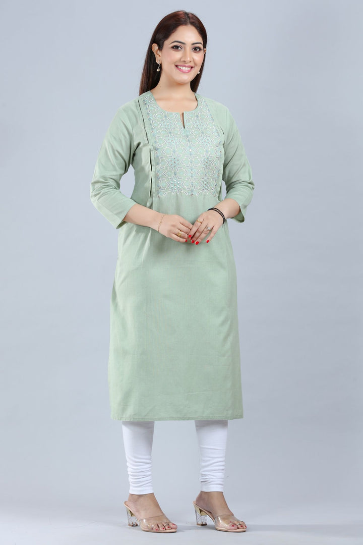 Green Cotton Straight Embroidered Kurta