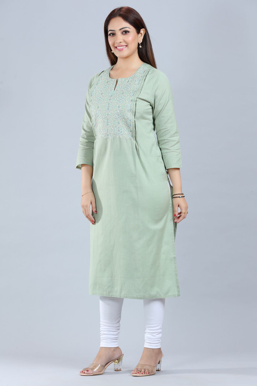 Green Cotton Straight Embroidered Kurta