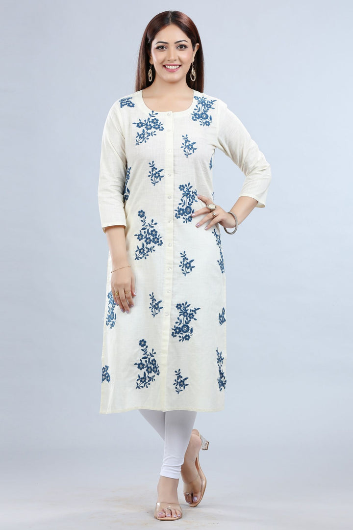 Wendy Off White Cotton Embroidered Kurta