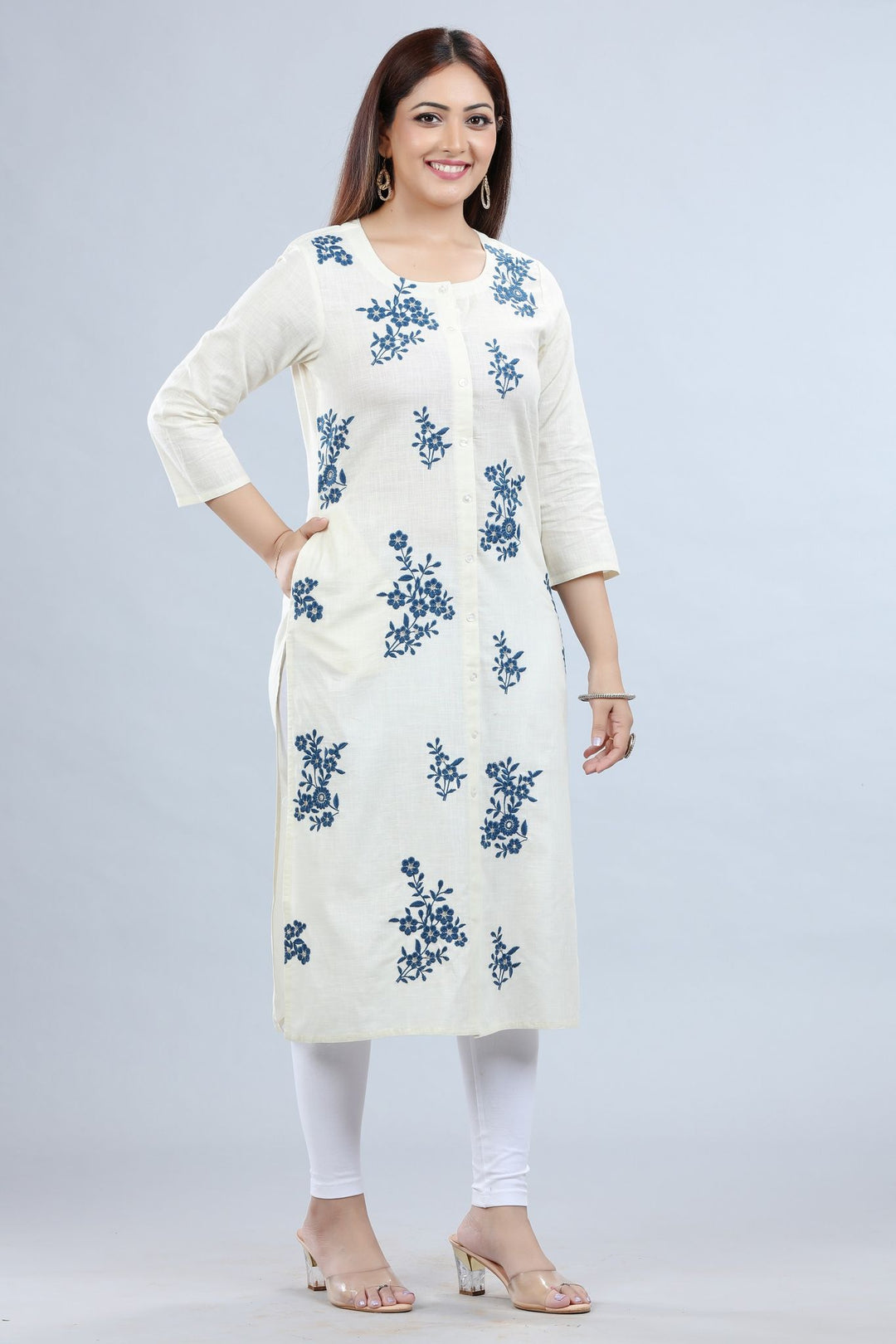 Wendy Off White Cotton Embroidered Kurta