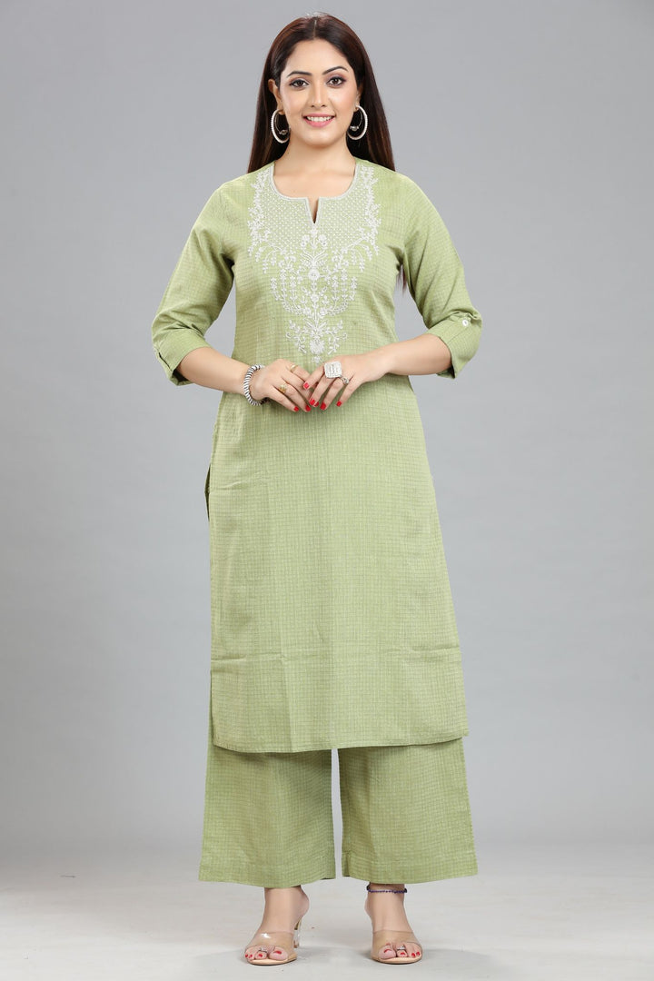 Yami Pista Green Cotton Embroidered Kurta & Pant Set