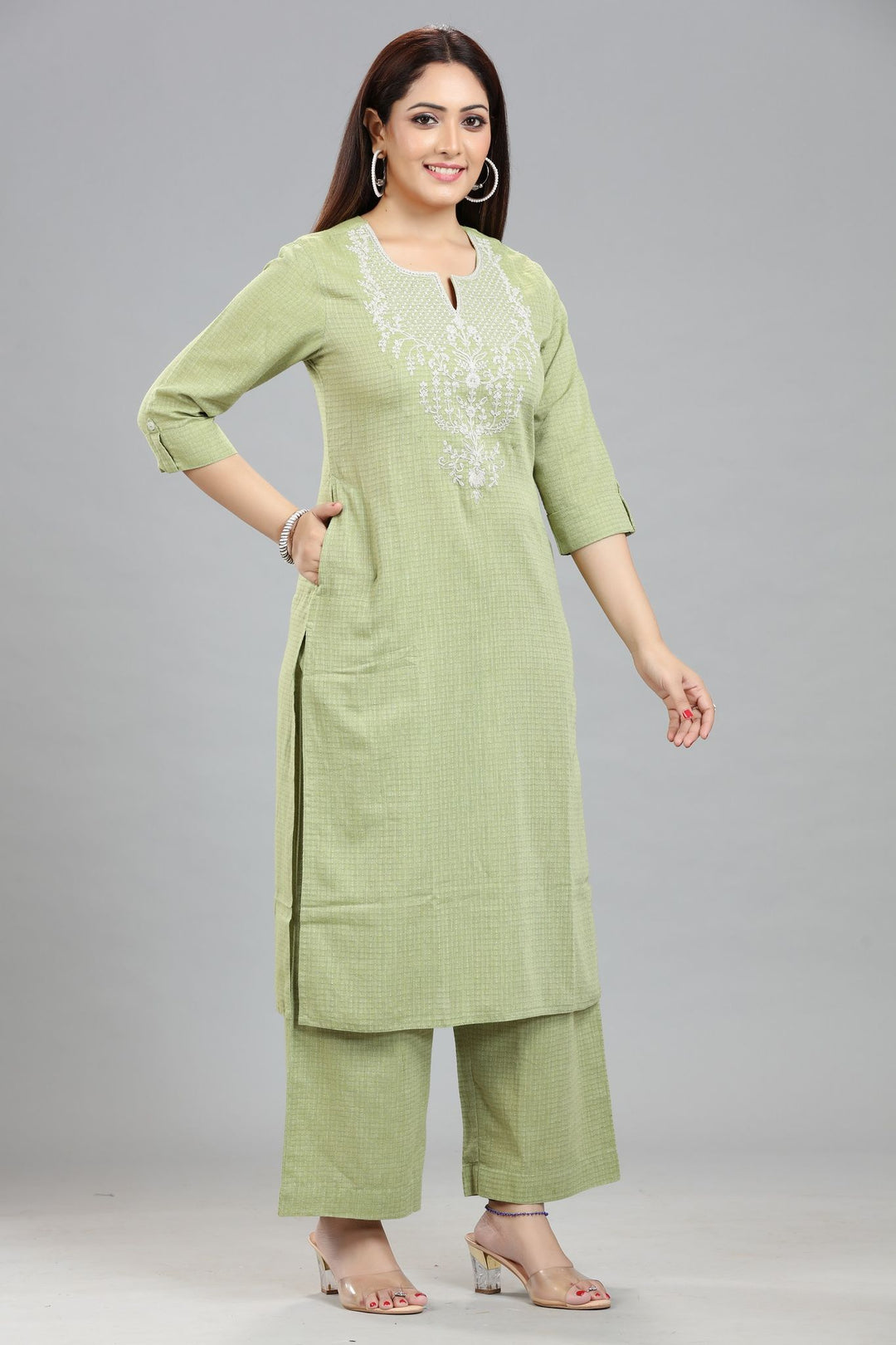 Yami Pista Green Cotton Embroidered Kurta & Pant Set