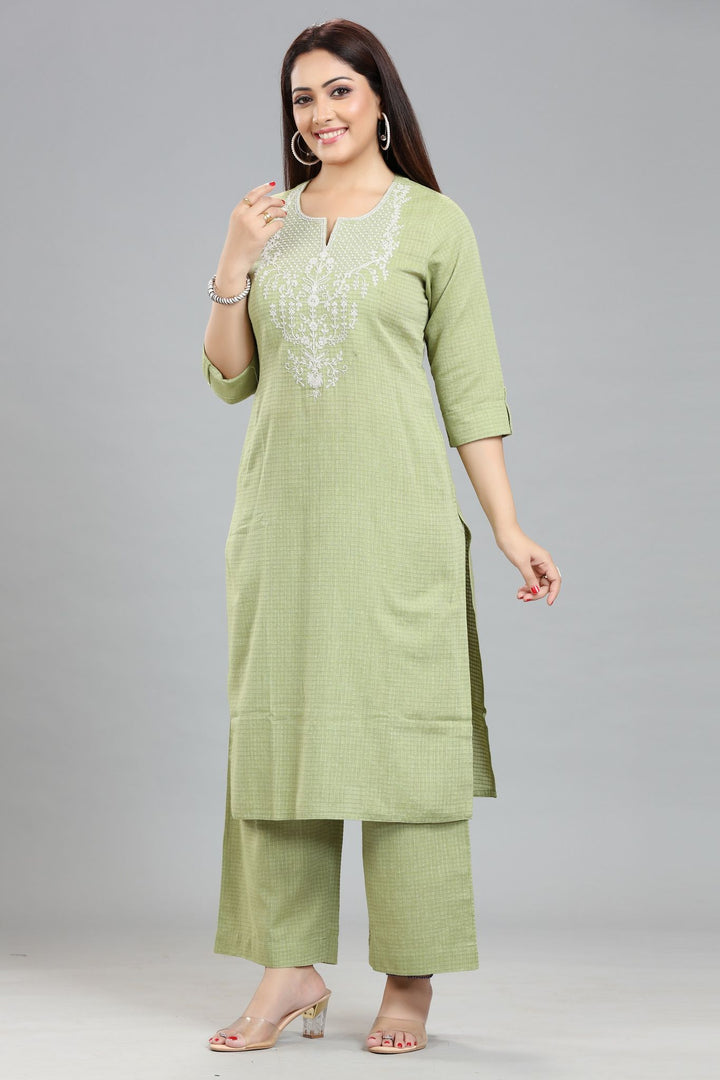 Yami Pista Green Cotton Embroidered Kurta & Pant Set