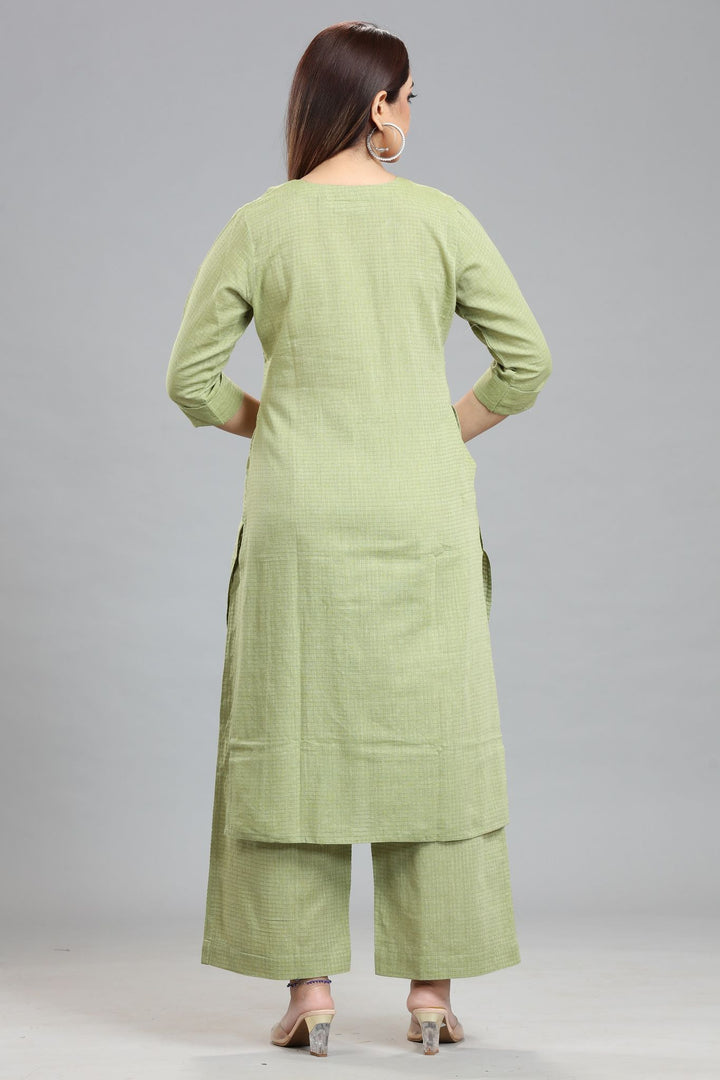 Yami Pista Green Cotton Embroidered Kurta & Pant Set