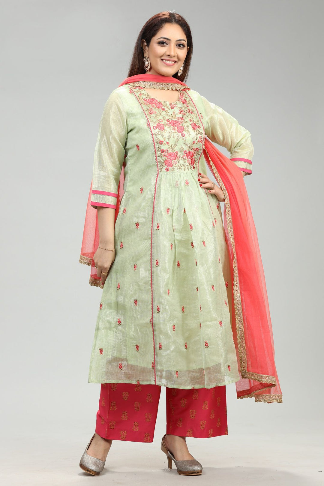 Neon Green Chanderi Embroidered Kurta Pant Suit Set