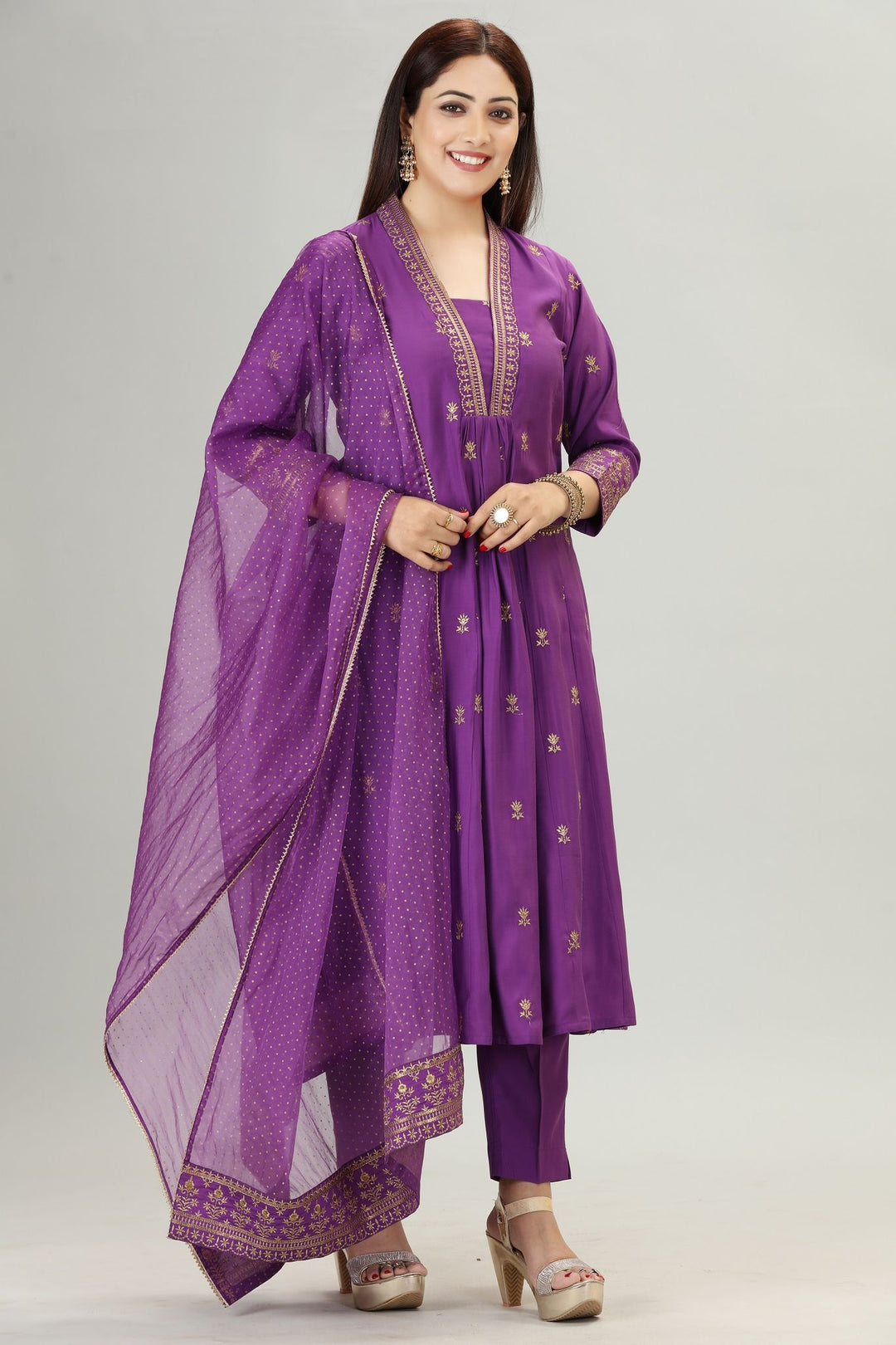 Zemira Purple Cotton Silk Embroidered Kurta, Pant & Dupatta Set