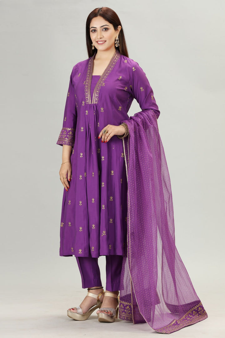 Zemira Purple Cotton Silk Embroidered Kurta, Pant & Dupatta Set