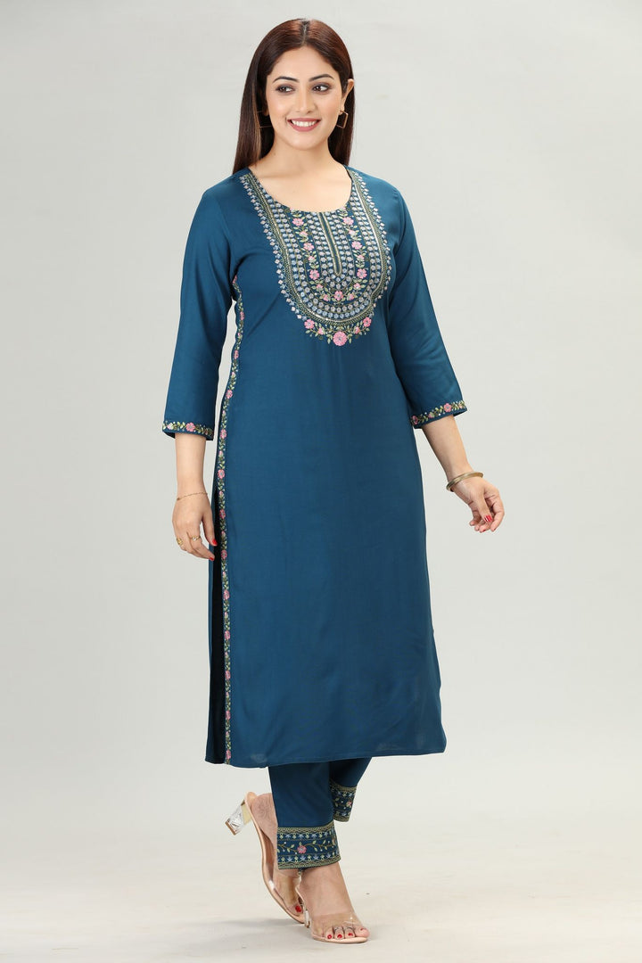 Zivah Navy Blue Embroidered Kurta & Pant Set