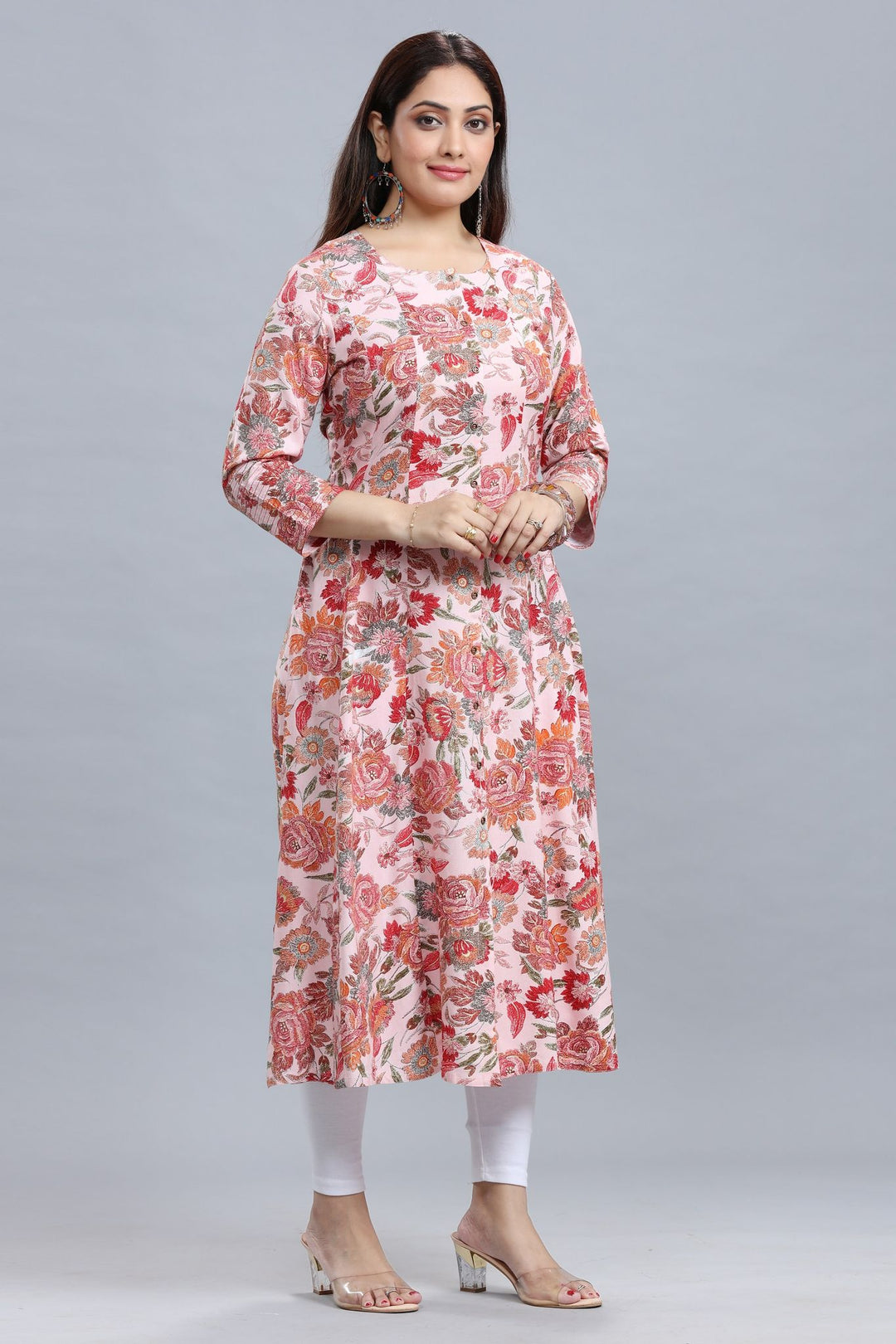 Light Pink Rayon A Line Printed Kurta