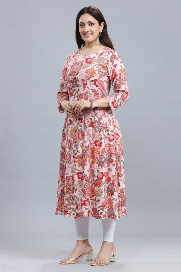 Light Pink Rayon A Line Printed Kurta