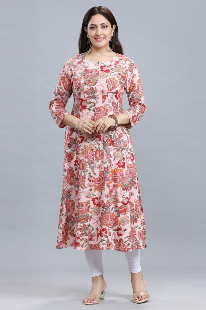 Light Pink Rayon A Line Printed Kurta