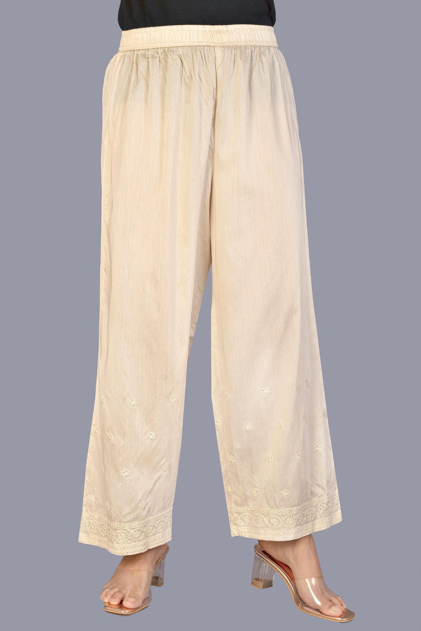 Buy Online - Embroidered Cream Cotton Palazzo 2