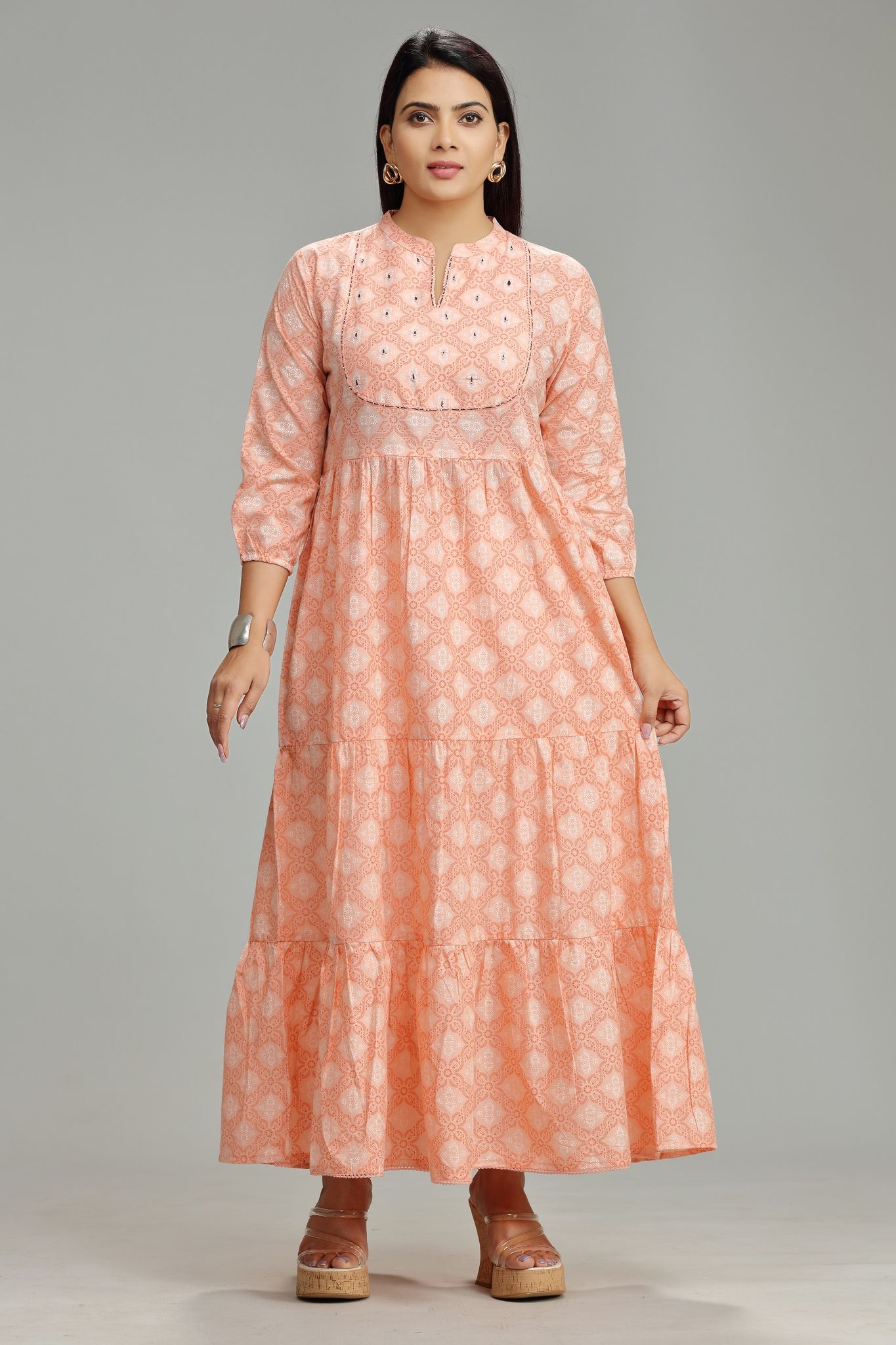 AF030 Peach Jaipuri Cotton Printed Dress