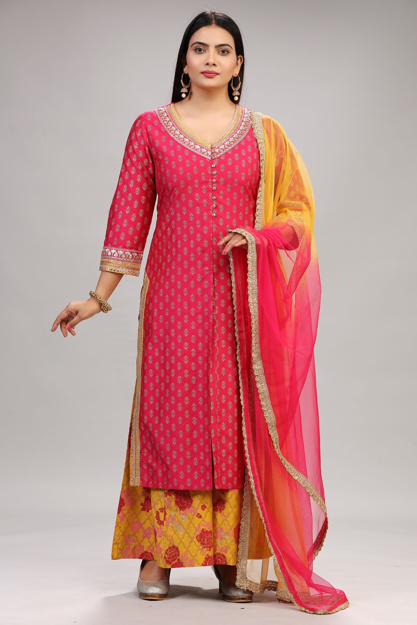 Gangotri Pink & Mustard Cotton Silk Suit Set