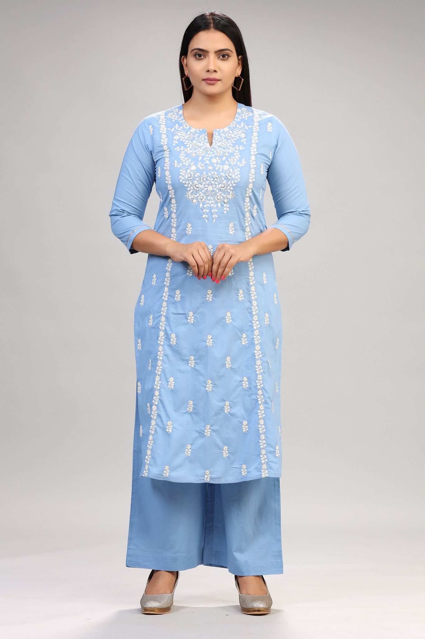Aapti Light Blue Cotton Embroidered  Kurta With Pant Set