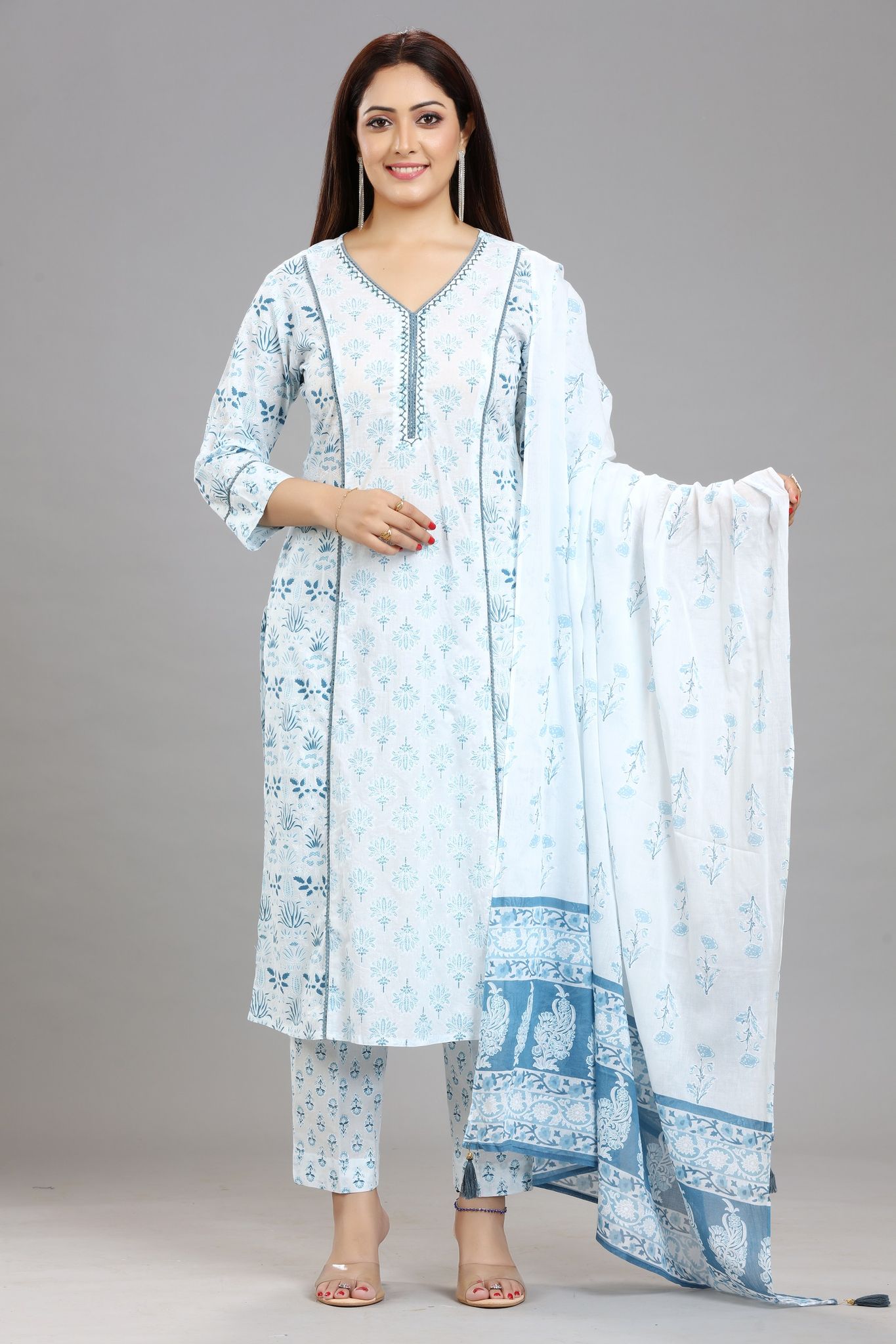 AF-279 White & Sky Blue Jaipuri Cotton Suit Set