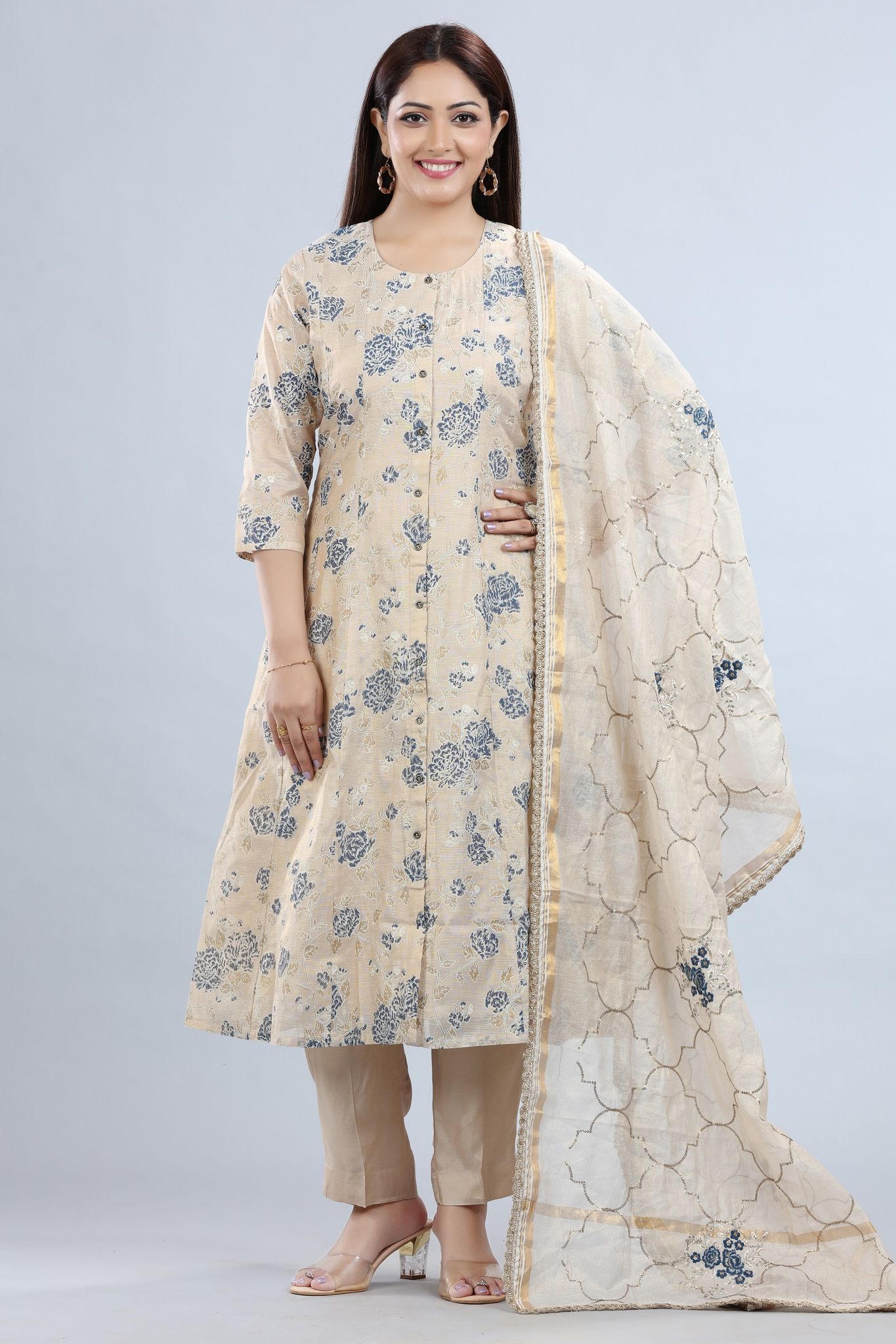 Faakiha Off White & Blue Tissue Fabric A-Line Suit Set