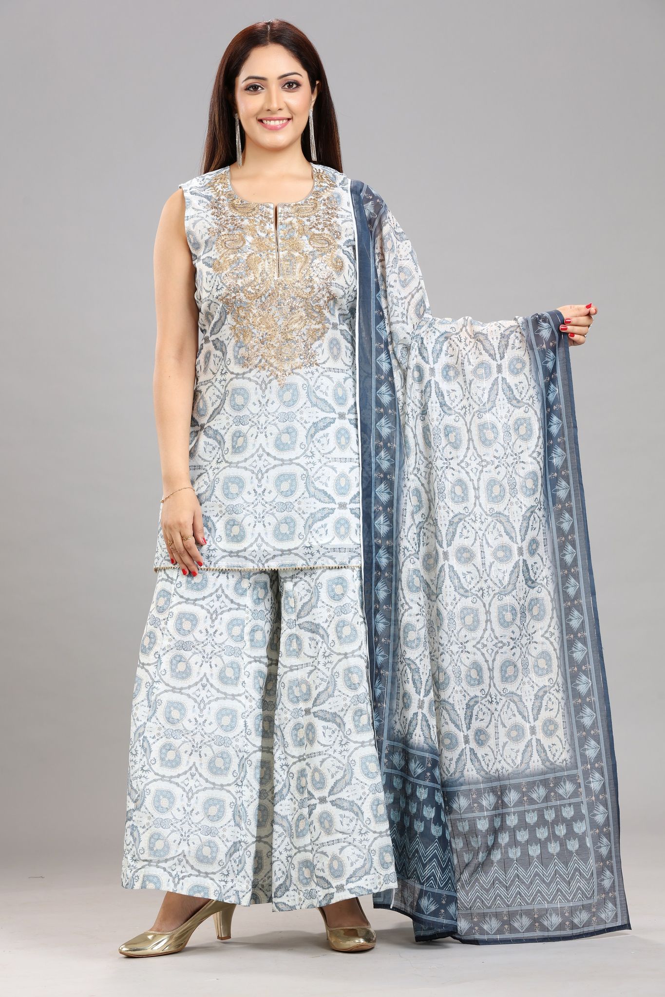 Off White & Blue Chanderi Straight Embroidery Kurta Sharara Sets