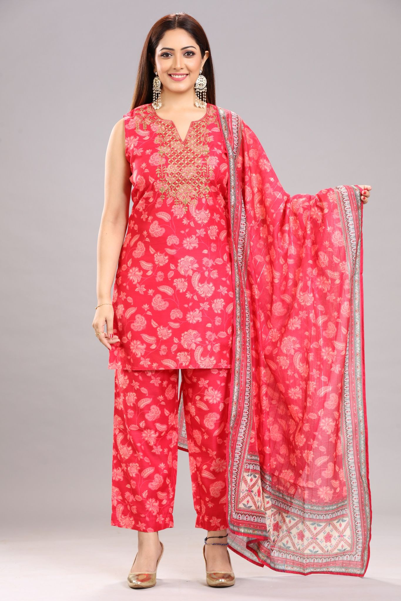 Pink Chanderi Straight Embroidery Sleeveless Kurta Pants Suit Set