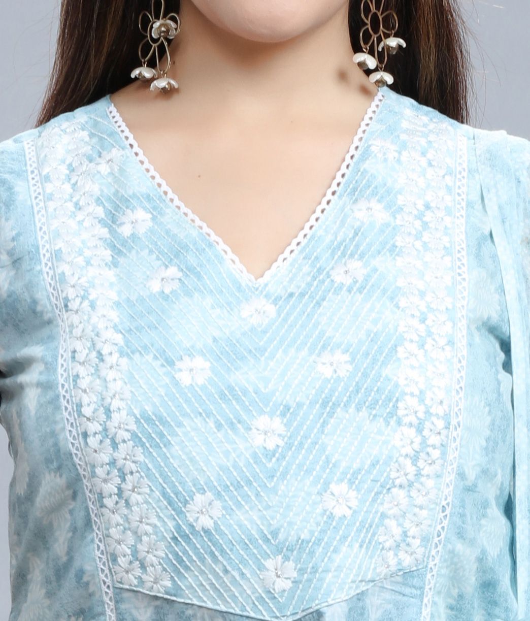 Sky Blue Jaipuri Cotton Sleeveless A line Kurta Pants Suit Set
