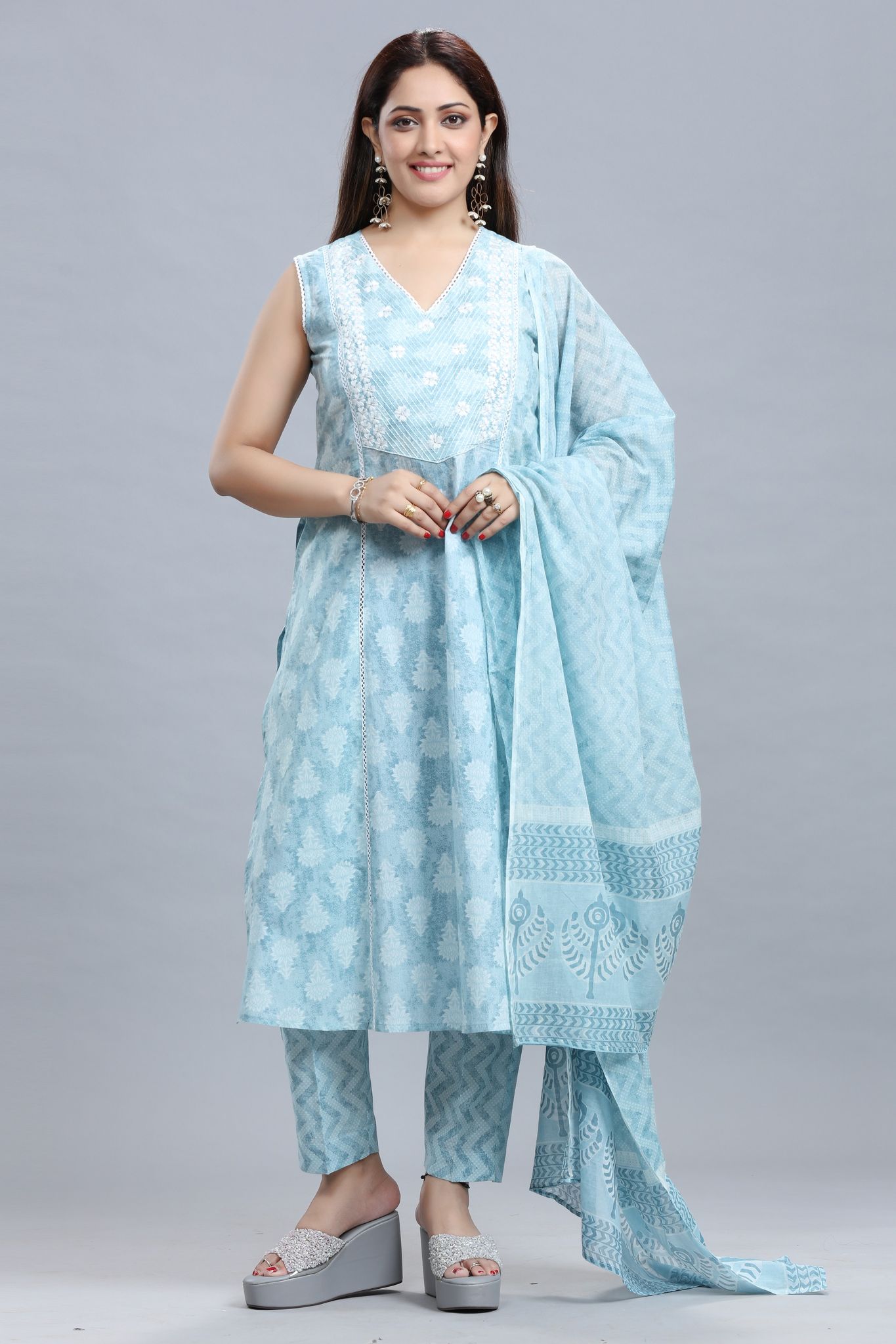 Triveni Sky Blue Jaipuri Cotton Suit Set