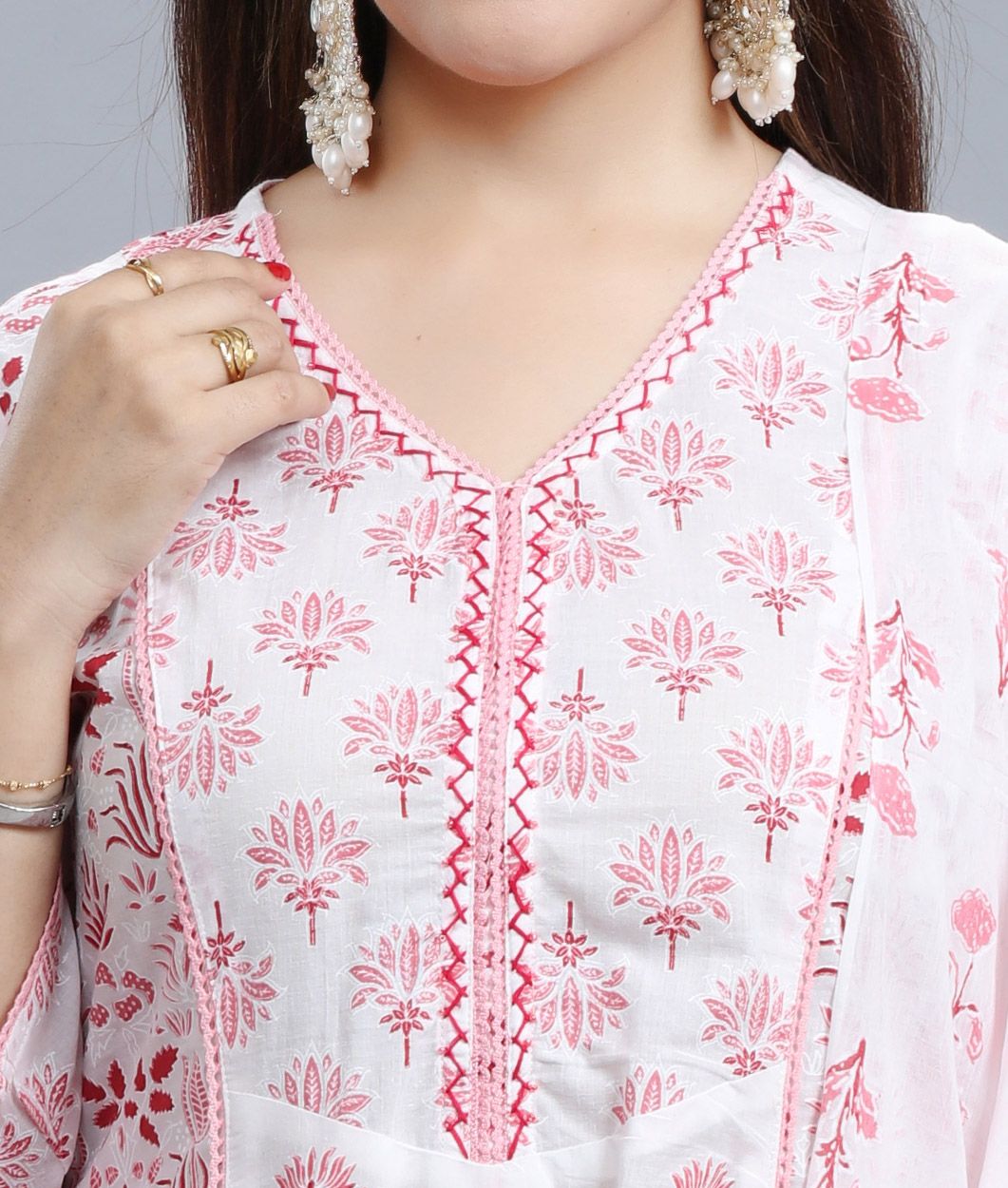 White & Pink Jaipuri Cotton A Line Kurta Pants Suit Set