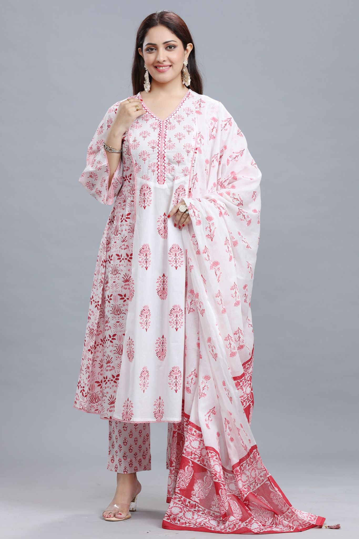 AF-289 White & Pink Jaipuri  Cotton Suit Set