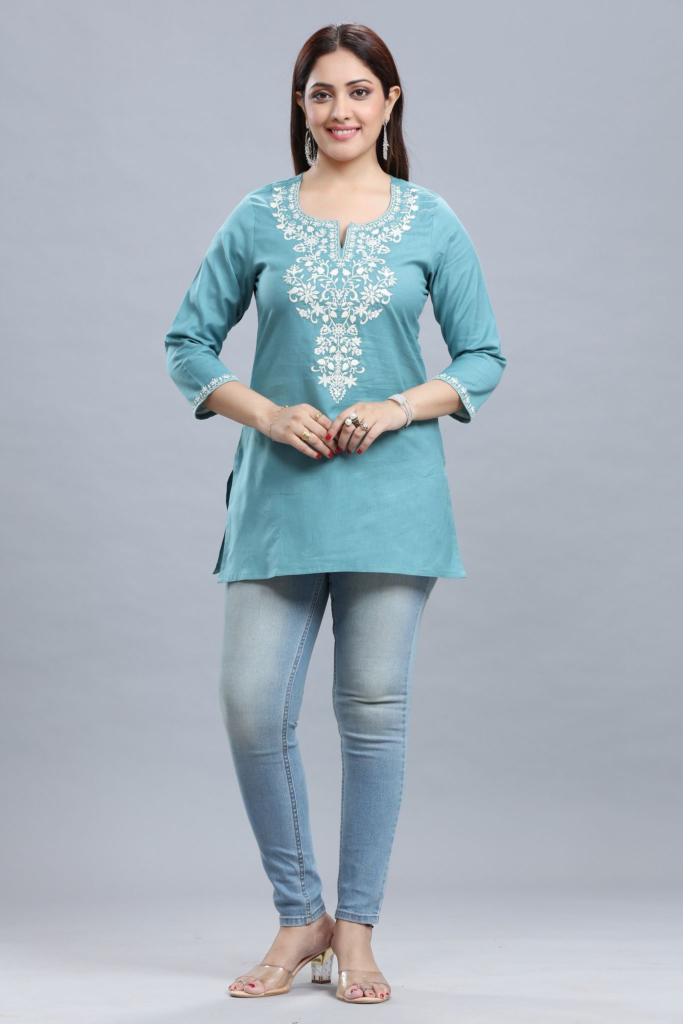 Meghan Turquoise Cotton Short Kurti