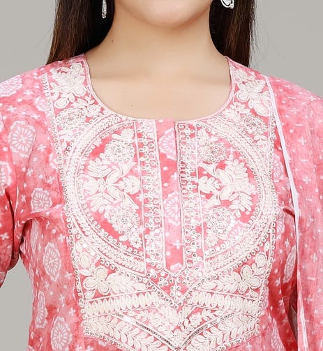 Hanita Peach Jaipuri Cotton Round Neck Suit Set